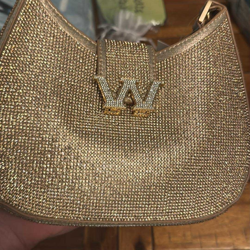Woven Gold Shoulder Bag with Logo Accent